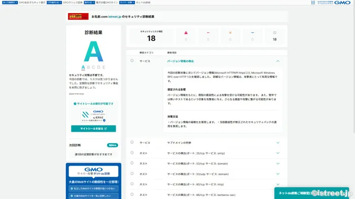 当サイトがセキュリティー診断でAランクをいただきました
